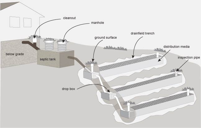 Diagram of a gravity fed drainfield